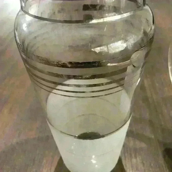 MCM West Virginia Glass Silver Nip Frost Ringed Cocktail Shaker/Pitcher/Glasses - Picture 5 of 9